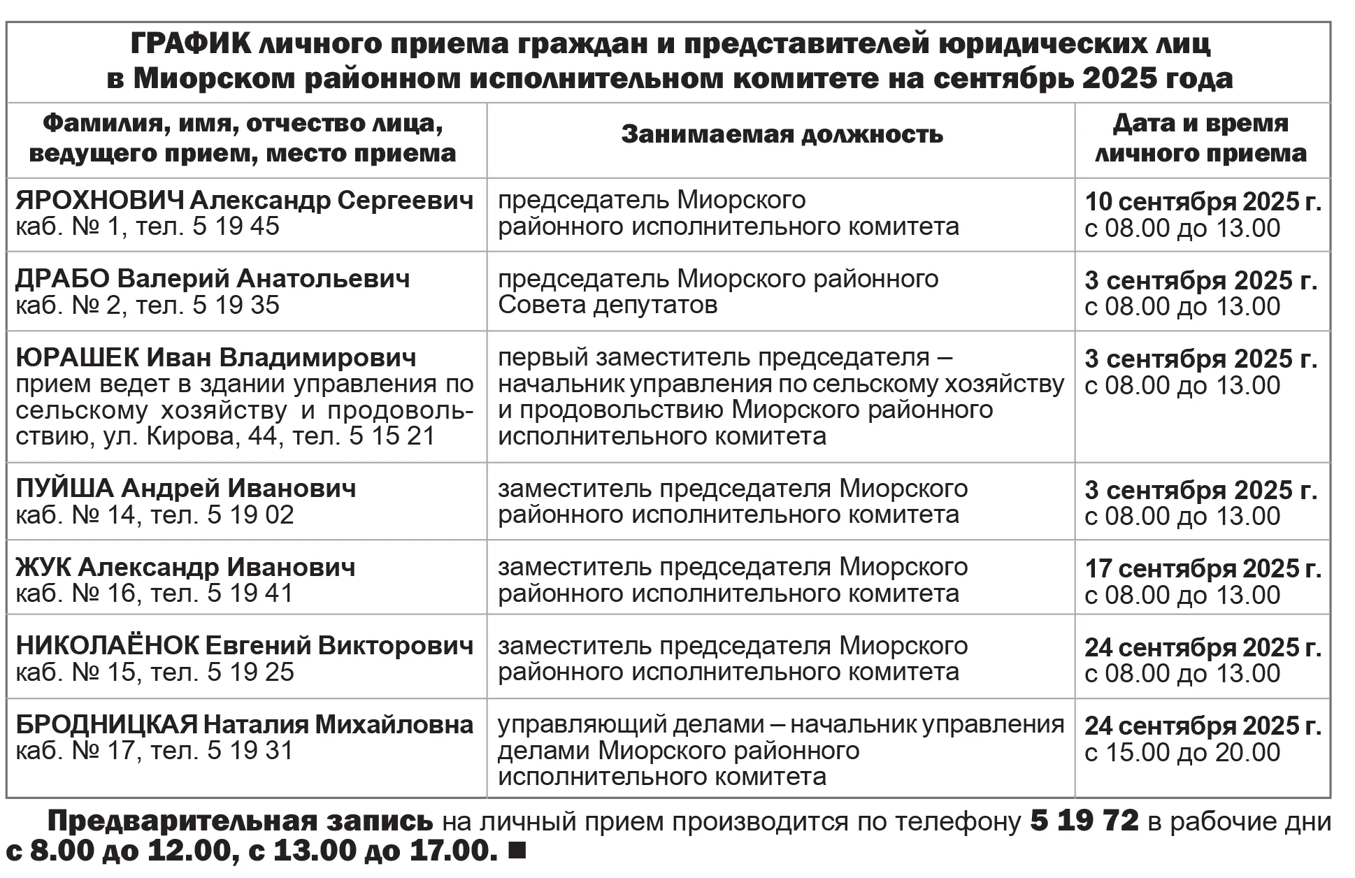 ГРАФИК личного приема граждан и представителей юридических лиц в Миорском районном исполнительном комитете на сентябрь 2025 года