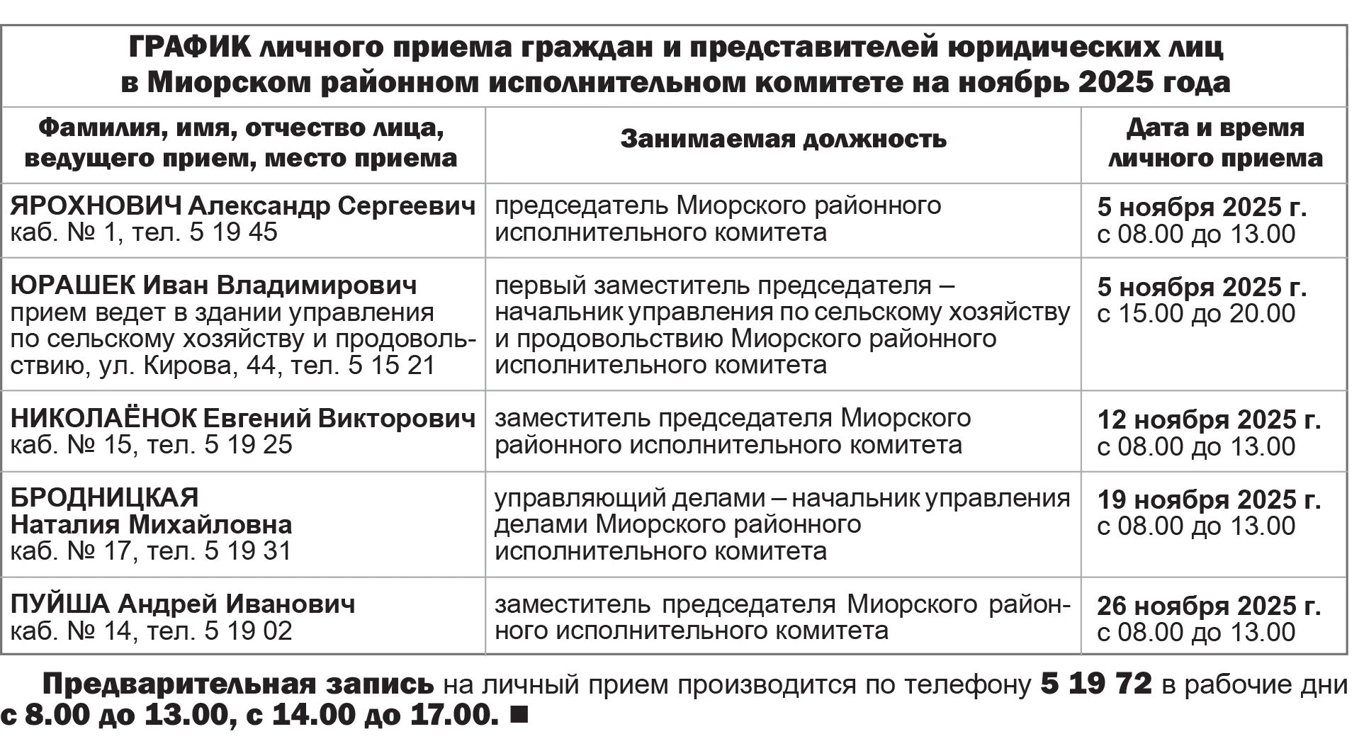 График личного приема граждан и представителей юридических лиц в Миорском районном исполнительном комитете на ноябрь 2025 года